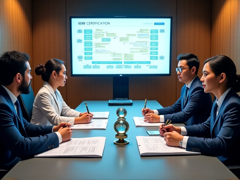 A group of industry experts and medical professionals gathered around a conference table, discussing certification standards for cryotherapy recovery centers. The room is formal and professional, with documents and laptops on the table, and a presentation screen in the background displaying a certification flowchart.