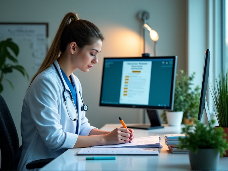 A healthcare professional meticulously reviewing patient records in a well-lit office. The image conveys the importance of accuracy and attention to detail in medical documentation, with a focus on compliance and patient care.