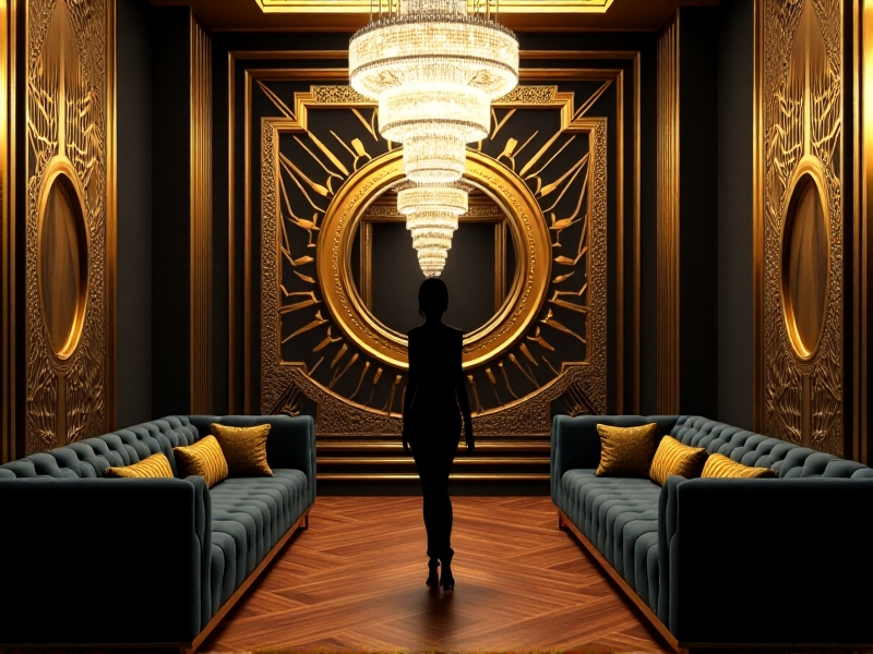 An opulent Art Deco-inspired interior with a black and gold color scheme, featuring geometric patterns on the walls, a crystal chandelier, and plush velvet furniture under soft, ambient lighting.