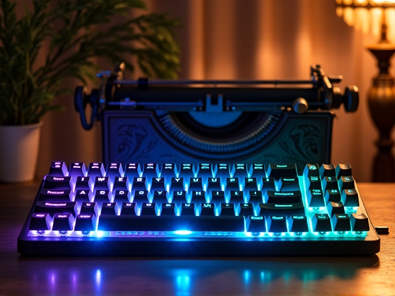A selection of backlit keycap systems, including LED strips and individual LED lights, displayed on a table with a vintage typewriter in the background, showcasing the contrast between old and new technology.