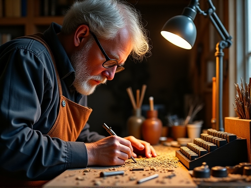 A skilled artisan’s hands meticulously engraving a vintage typewriter keycap with a fine-point chisel, surrounded by wood shavings and tools, illuminated by a focused desk lamp in a cozy workshop.
