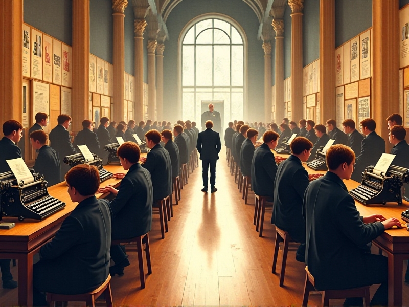 A spacious, well-lit hall filled with typewriters on display, with attendees exploring the exhibits and participating in typing competitions.