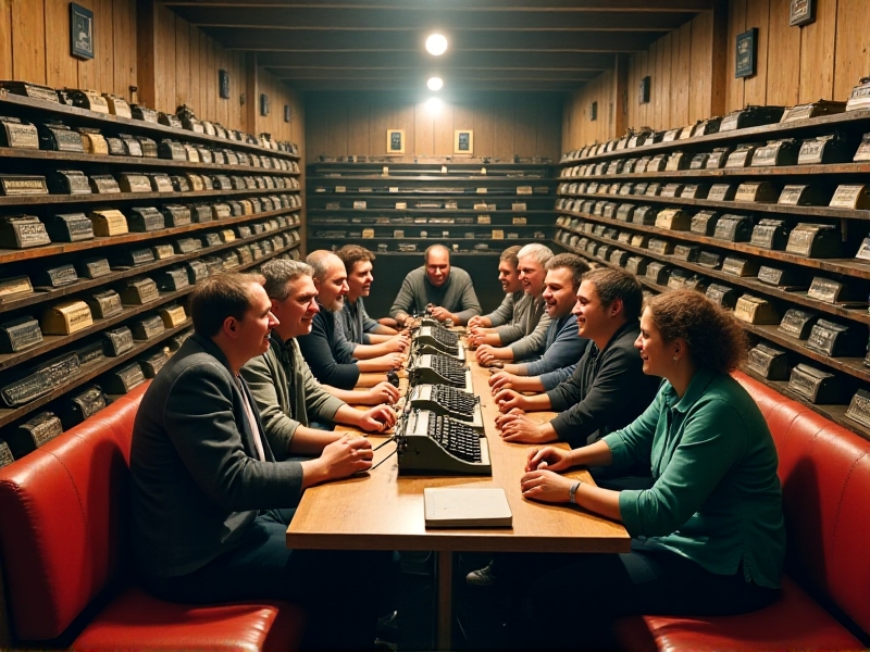 A communal area at a typewriter swap meet with attendees chatting and sharing stories, surrounded by vintage typewriters and comfortable seating, creating a warm and inviting atmosphere.