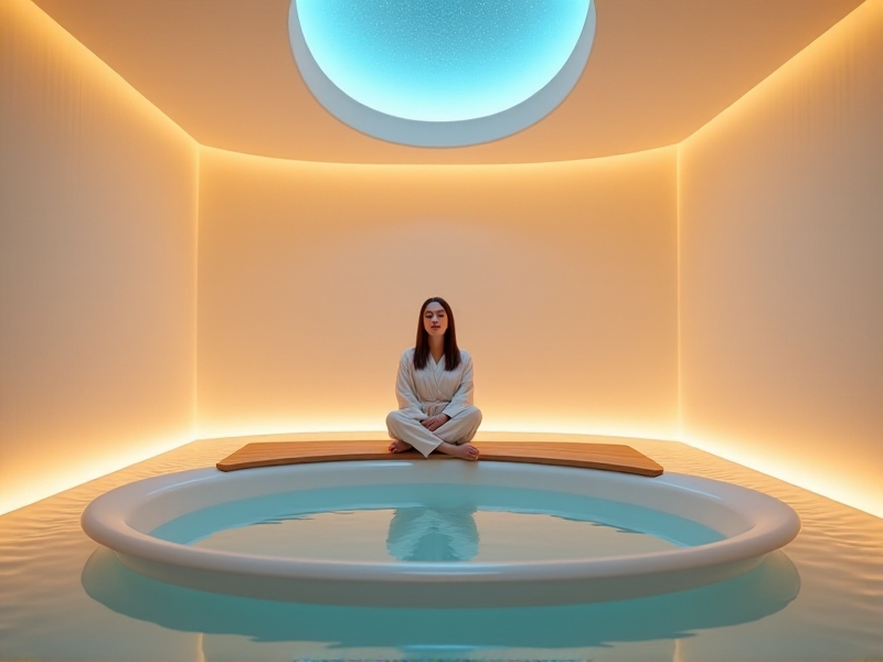A tranquil float tank room with a modern design, featuring a sleek, white tank filled with warm water. The room is softly lit with blue and white LED lights, creating a calming ambiance. The image conveys a sense of peace and relaxation, highlighting the therapeutic benefits of float tanks.
