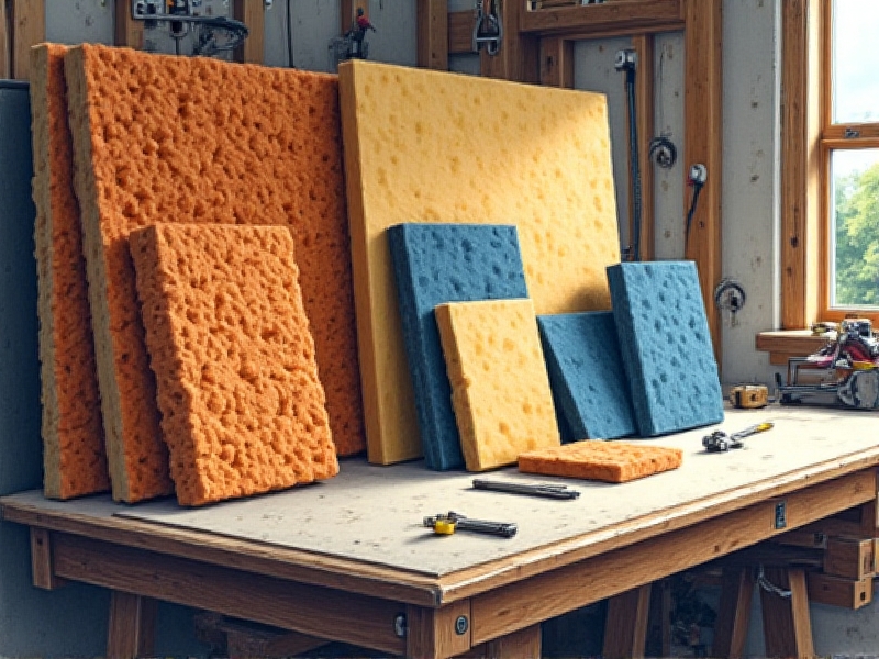 An assortment of soundproofing materials, including acoustic foam panels, mass-loaded vinyl rolls, and fiberglass insulation, displayed on a wooden table with a measuring tape and tools in the background, ready for installation.