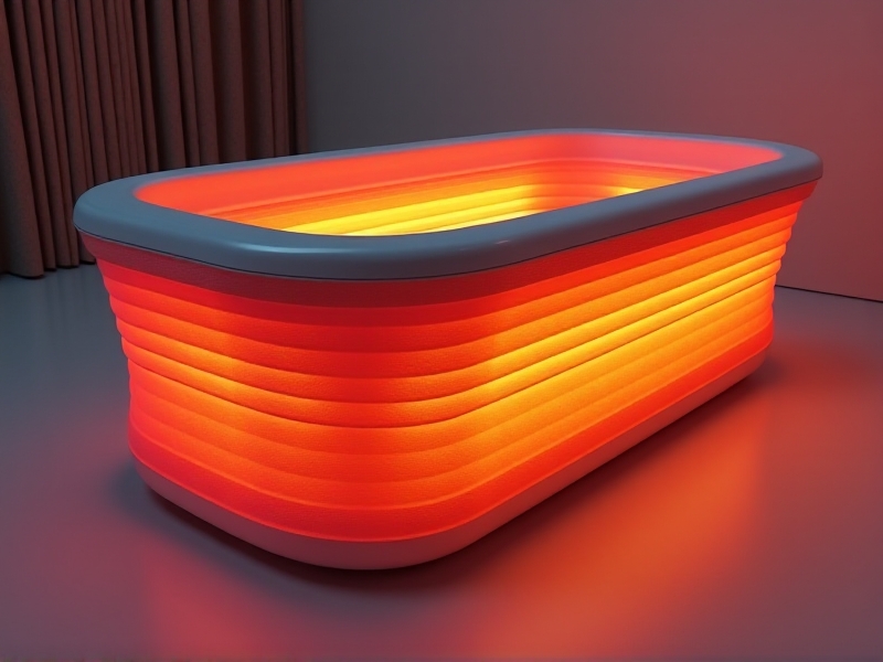 An advanced float tank design with integrated thermal mapping technology, showcasing efficient heating elements and insulation, designed for optimal heat distribution and energy efficiency.